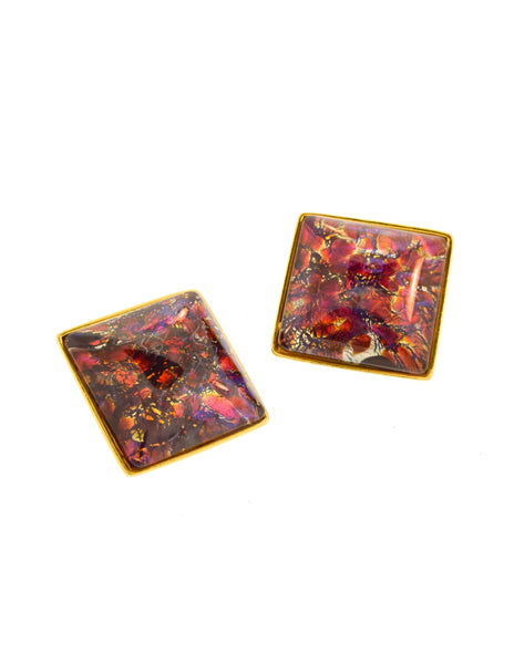 YSL Vintage Saturn Red Dichroic Glass Gold Earrings