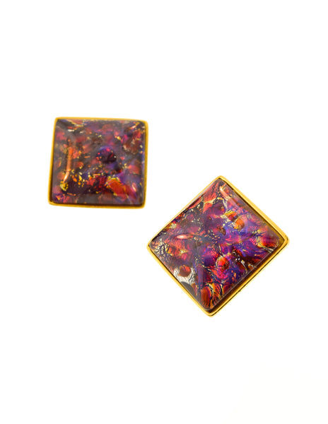 YSL Vintage Saturn Red Dichroic Glass Gold Earrings