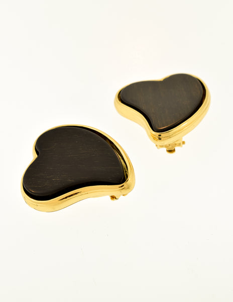 Yves Saint Laurent Vintage Ebony Wood Gold Heart Shaped Earrings