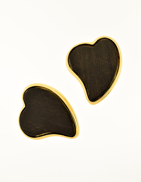 Yves Saint Laurent Vintage Ebony Wood Gold Heart Shaped Earrings