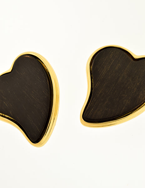 Yves Saint Laurent Vintage Ebony Wood Gold Heart Shaped Earrings