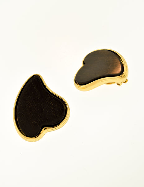 Yves Saint Laurent Vintage Ebony Wood Gold Heart Shaped Earrings