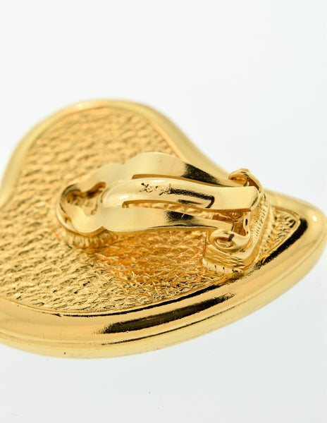 Yves Saint Laurent Vintage Ebony Wood Gold Heart Shaped Earrings