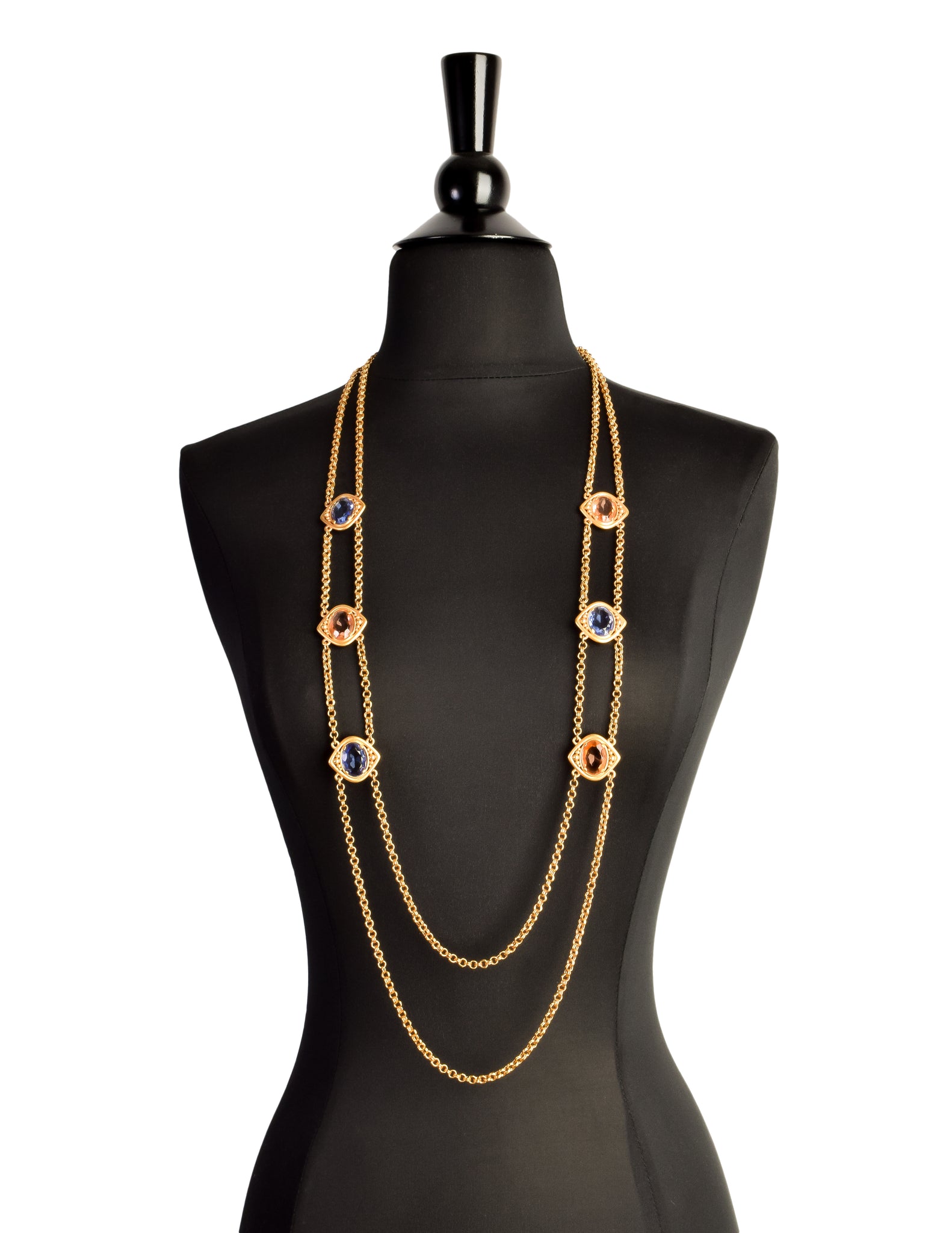 YSL Vintage Pink and Blue Glass Eye Double Strand Sautoir Necklace
