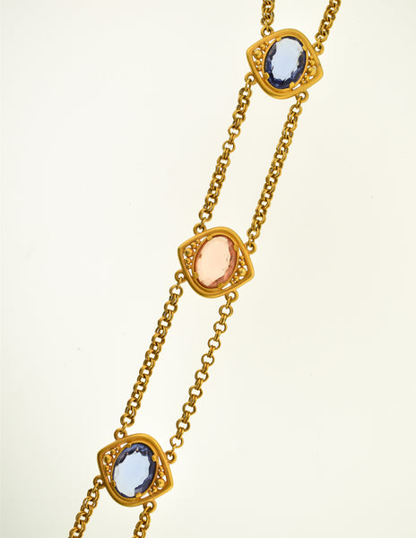 YSL Vintage Pink and Blue Glass Eye Double Strand Sautoir Necklace