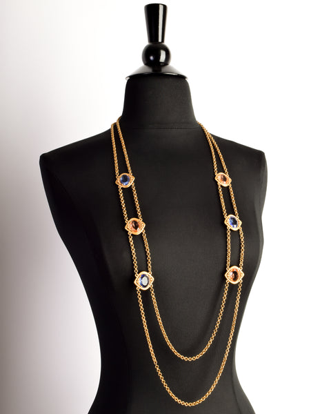 YSL Vintage Pink and Blue Glass Eye Double Strand Sautoir Necklace