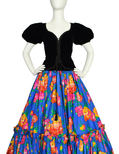 Yves Saint Laurent Vintage SS 1977 Black Velvet Corset Top and Blue Floral Silk Skirt Set