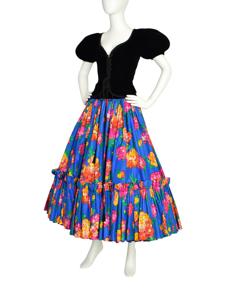 Yves Saint Laurent Vintage SS 1977 Black Velvet Corset Top and Blue Floral Silk Skirt Set