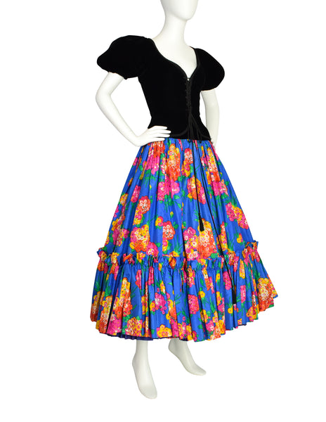 Yves Saint Laurent Vintage SS 1977 Black Velvet Corset Top and Blue Floral Silk Skirt Set