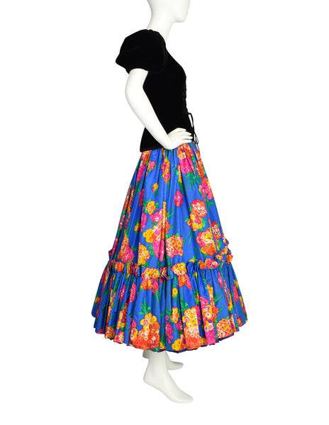 Yves Saint Laurent Vintage SS 1977 Black Velvet Corset Top and Blue Floral Silk Skirt Set