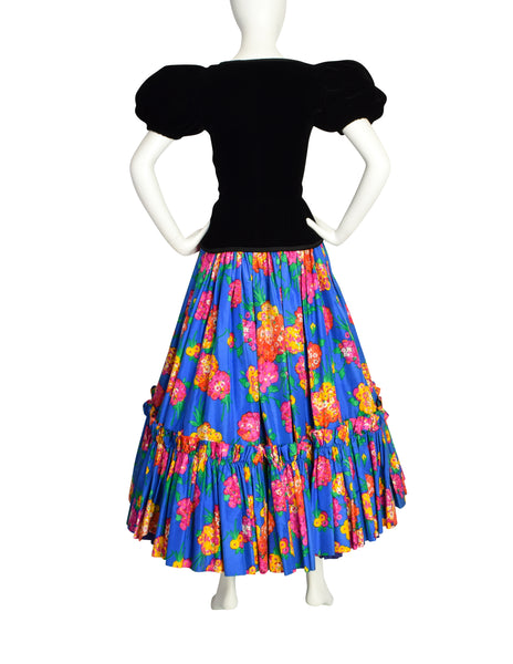 Yves Saint Laurent Vintage SS 1977 Black Velvet Corset Top and Blue Floral Silk Skirt Set