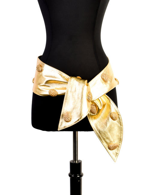 YSL Vintage Gold Pinecone Stud Metallic Leather Wrap Belt  display picture 3