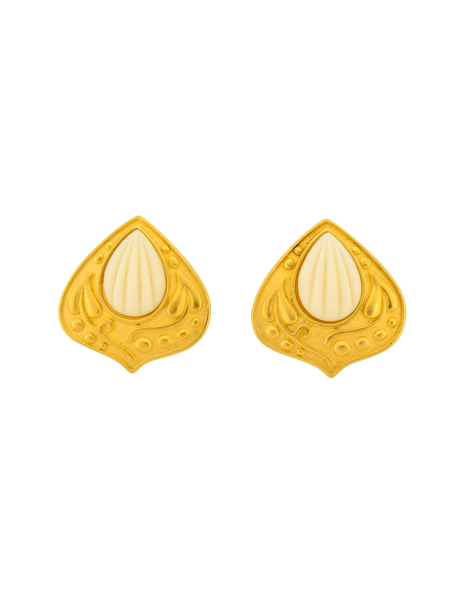 YSL Vintage White Carved Cabochon Brushed Gold Plaque Earrings