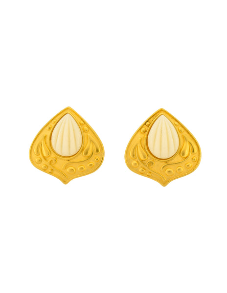 YSL Vintage White Carved Cabochon Brushed Gold Plaque Earrings