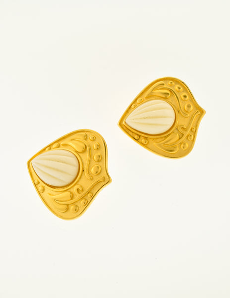 YSL Vintage White Carved Cabochon Brushed Gold Plaque Earrings