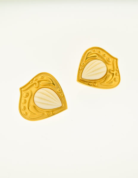 YSL Vintage White Carved Cabochon Brushed Gold Plaque Earrings