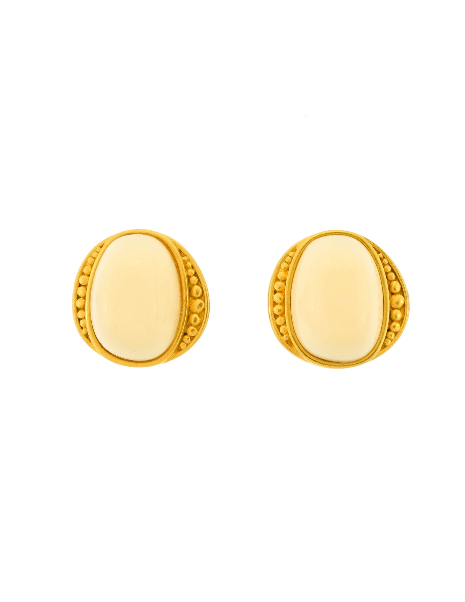 YSL Vintage White Gumdrop Cabochon Brushed Gold Earrings
