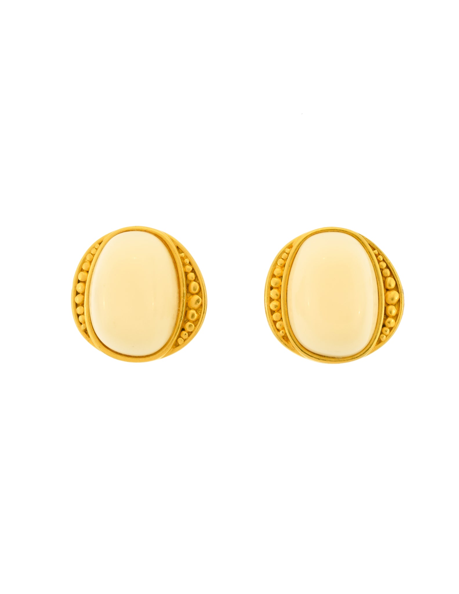 YSL Vintage White Gumdrop Cabochon Brushed Gold Earrings