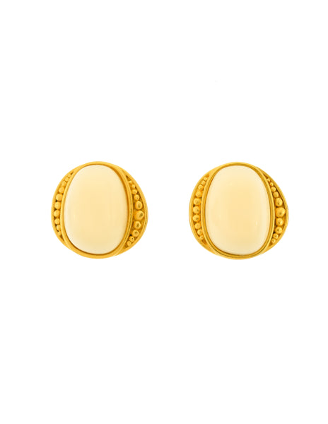 YSL Vintage White Gumdrop Cabochon Brushed Gold Earrings