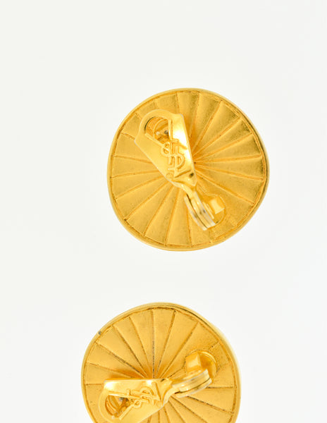 YSL Vintage White Gumdrop Cabochon Brushed Gold Earrings
