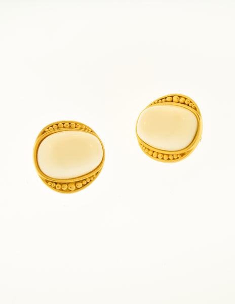 YSL Vintage White Gumdrop Cabochon Brushed Gold Earrings
