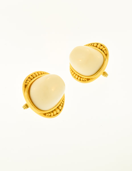 YSL Vintage White Gumdrop Cabochon Brushed Gold Earrings