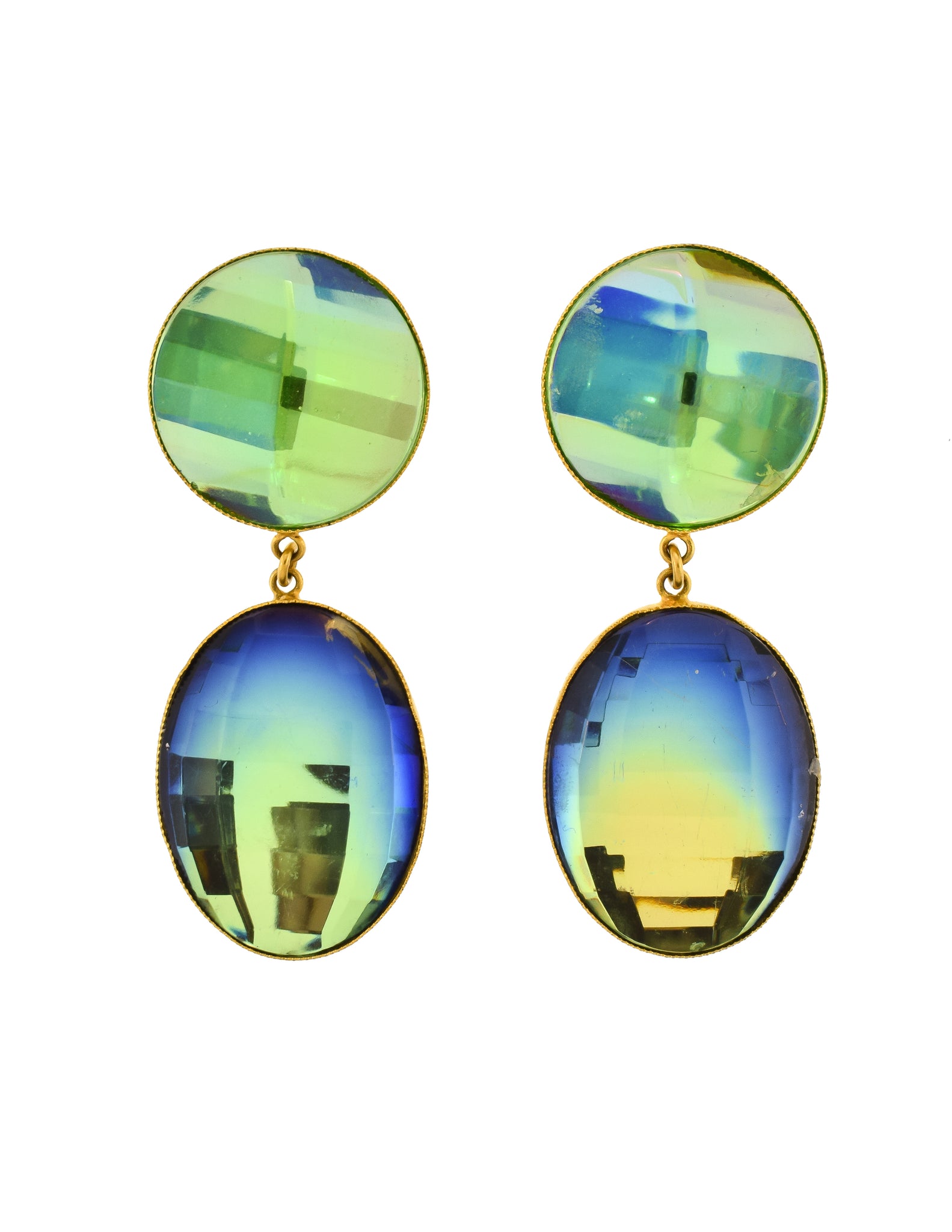 YSL Vintage Oversized Faceted Iridescent Blue Green Gradient Dangle Earrings