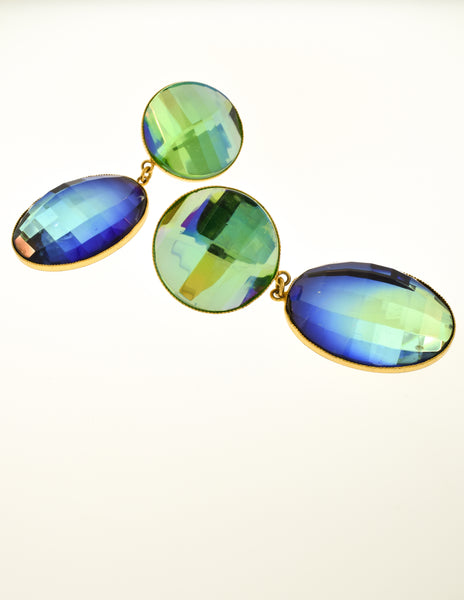 YSL Vintage Oversized Faceted Iridescent Blue Green Gradient Dangle Earrings