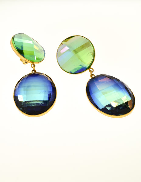 YSL Vintage Oversized Faceted Iridescent Blue Green Gradient Dangle Earrings