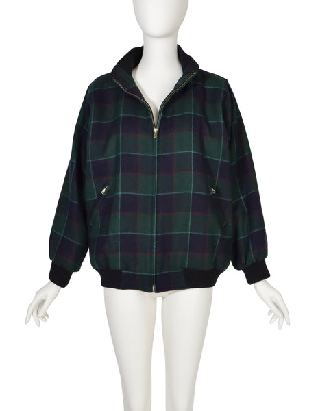 Yves Saint Laurent Vintage 1970s Green Blue Plaid Wool Bomber Style Jacket