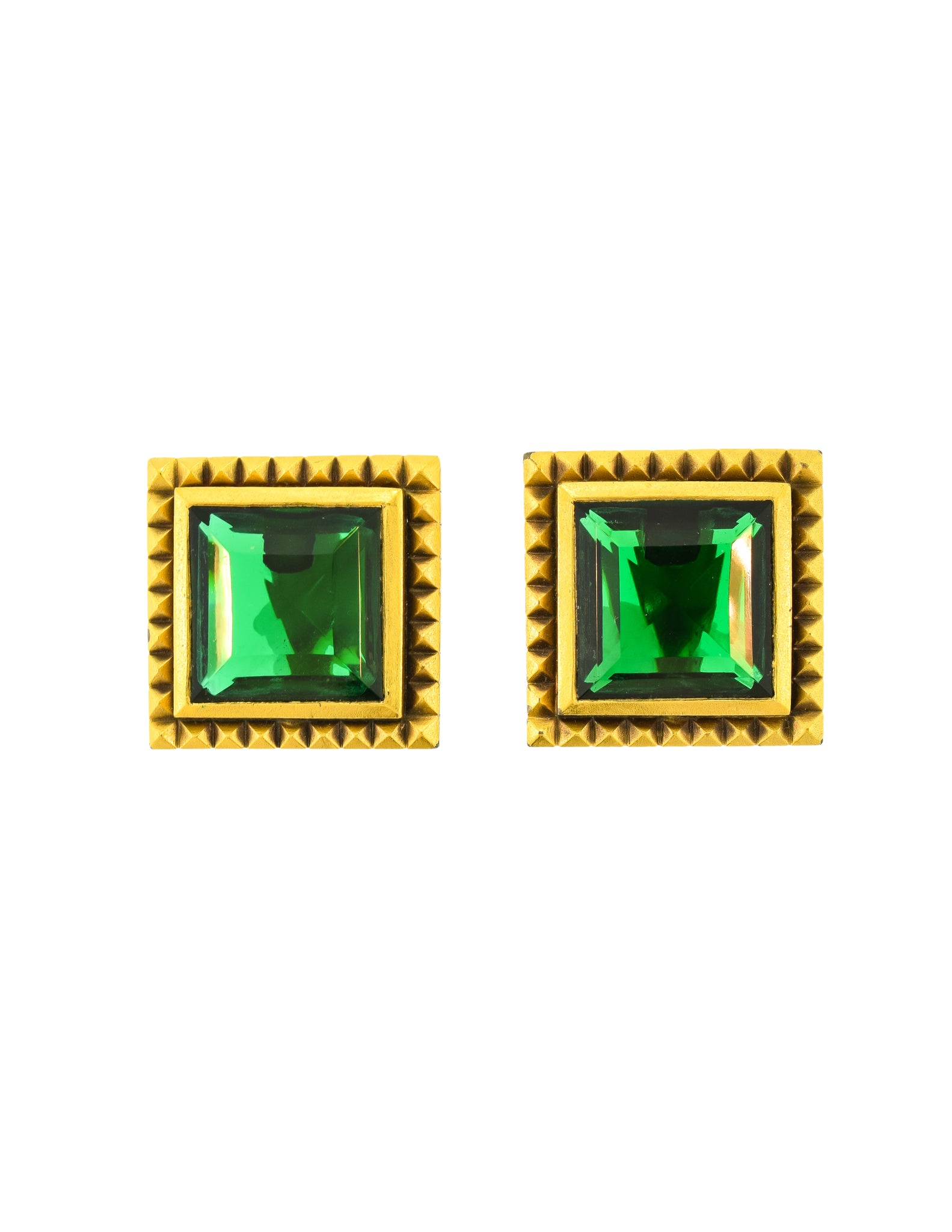 YSL Vintage Green Faceted Brass Pyramid Stud Frame Earrings