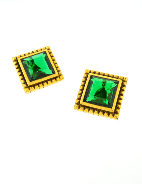 YSL Vintage Green Faceted Brass Pyramid Stud Frame Earrings