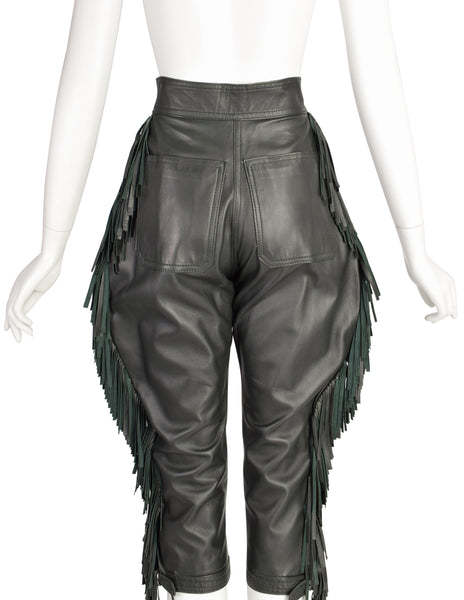 Yves Saint Laurent Vintage 1970s Deep Green Lambskin Leather Fringe Knickers Cropped Pants