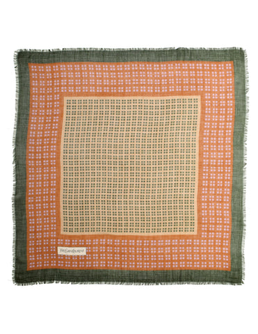 Yves Saint Laurent Vintage 1970s Orange Green Square Grid Geometric Print Wool Scarf