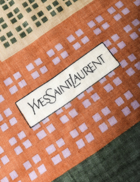 Yves Saint Laurent Vintage 1970s Orange Green Square Grid Geometric Print Wool Scarf