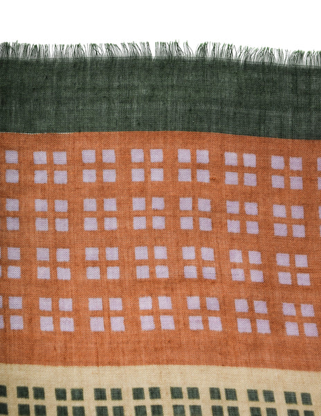 Yves Saint Laurent Vintage 1970s Orange Green Square Grid Geometric Print Wool Scarf