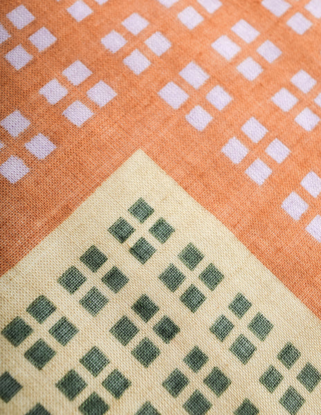 Yves Saint Laurent Vintage 1970s Orange Green Square Grid Geometric Print Wool Scarf