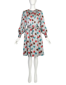 Yves Saint Laurent Vintage SS 1982 Silver Floral Jacquard Puff Sleeve Top and Skirt Ensemble Set