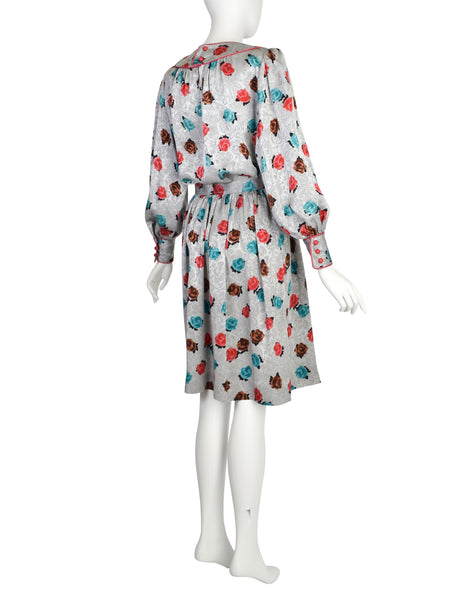 Yves Saint Laurent Vintage SS 1982 Silver Floral Jacquard Puff Sleeve Top and Skirt Ensemble Set