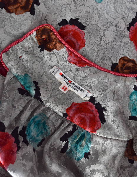 Yves Saint Laurent Vintage SS 1982 Silver Floral Jacquard Puff Sleeve Top and Skirt Ensemble Set