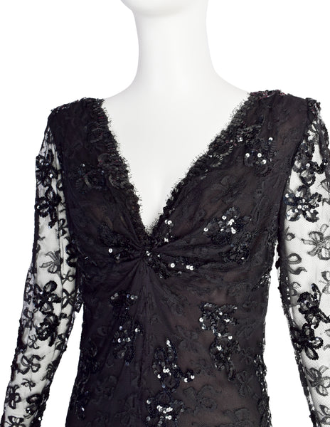 Yves Saint Laurent Vintage Haute Couture AW 1985 Black Lace Sequin Column Gown Dress