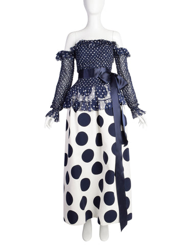 Yves Saint Laurent Vintage SS 1992 Haute Couture Navy Blue White Polka Dot Smocked Chiffon Gown