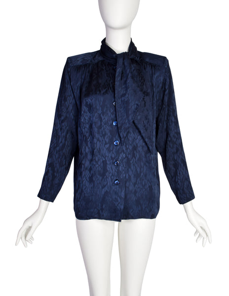 Yves Saint Laurent Vintage 1980s Dark Blue Scale Silk Jacquard Lavalliere Shirt