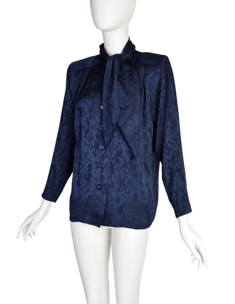 Yves Saint Laurent Vintage 1980s Dark Blue Scale Silk Jacquard Lavalliere Shirt
