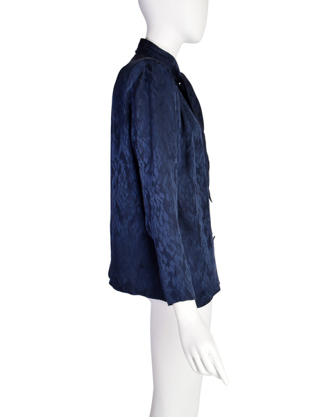 Yves Saint Laurent Vintage 1980s Dark Blue Scale Silk Jacquard Lavalliere Shirt