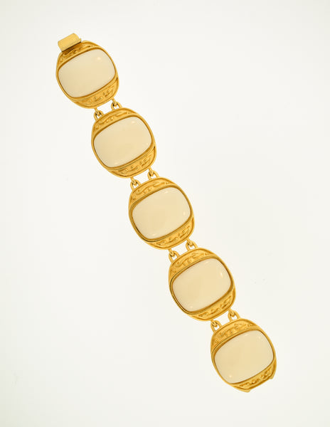 YSL Vintage White Cabochon Brushed Gold Bracelet
