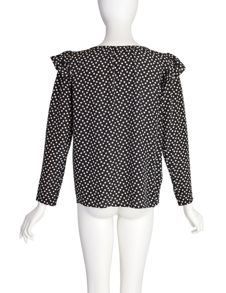 Yves Saint Laurent Vintage 1970s Black Cream Polka Dot Ruffle Epaulette Shirt