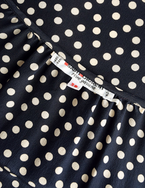 Yves Saint Laurent Vintage 1970s Black Cream Polka Dot Ruffle Epaulette Shirt
