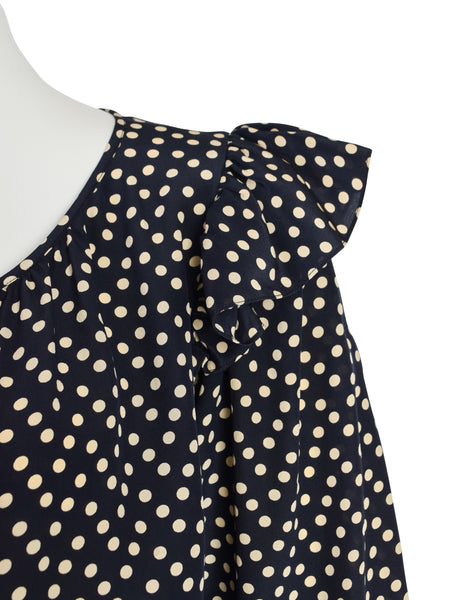 Yves Saint Laurent Vintage 1970s Black Cream Polka Dot Ruffle Epaulette Shirt