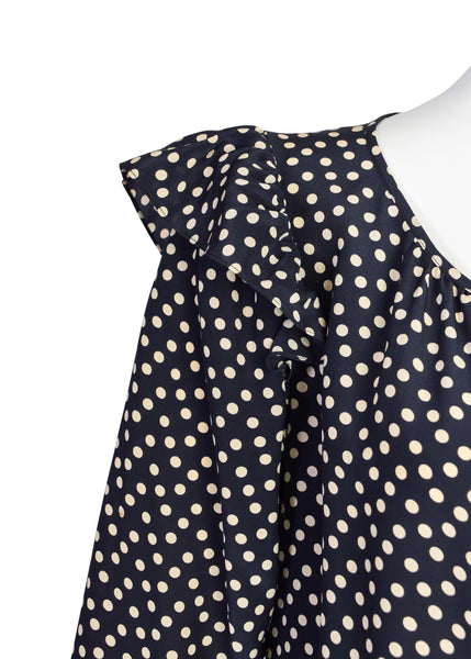 Yves Saint Laurent Vintage 1970s Black Cream Polka Dot Ruffle Epaulette Shirt